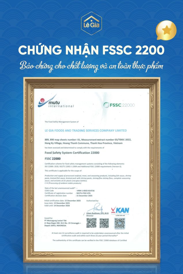 Lê Gia đạt chứng nhận FSSC – Khẳng định hệ thống an toàn thực phẩm theo tiêu chuẩn quốc tế