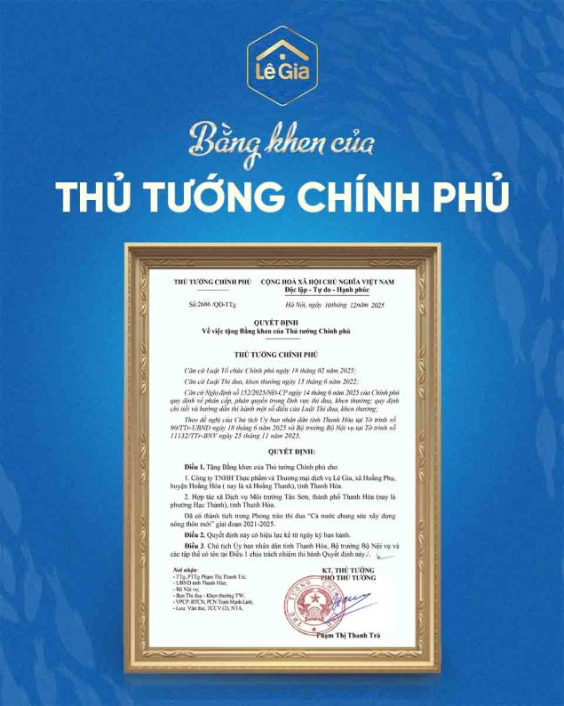 Lê Gia vinh dự nhận Bằng khen của Thủ tướng Chính phủ trong phong trào xây dựng nông thôn mới giai đoạn 2021 – 2025